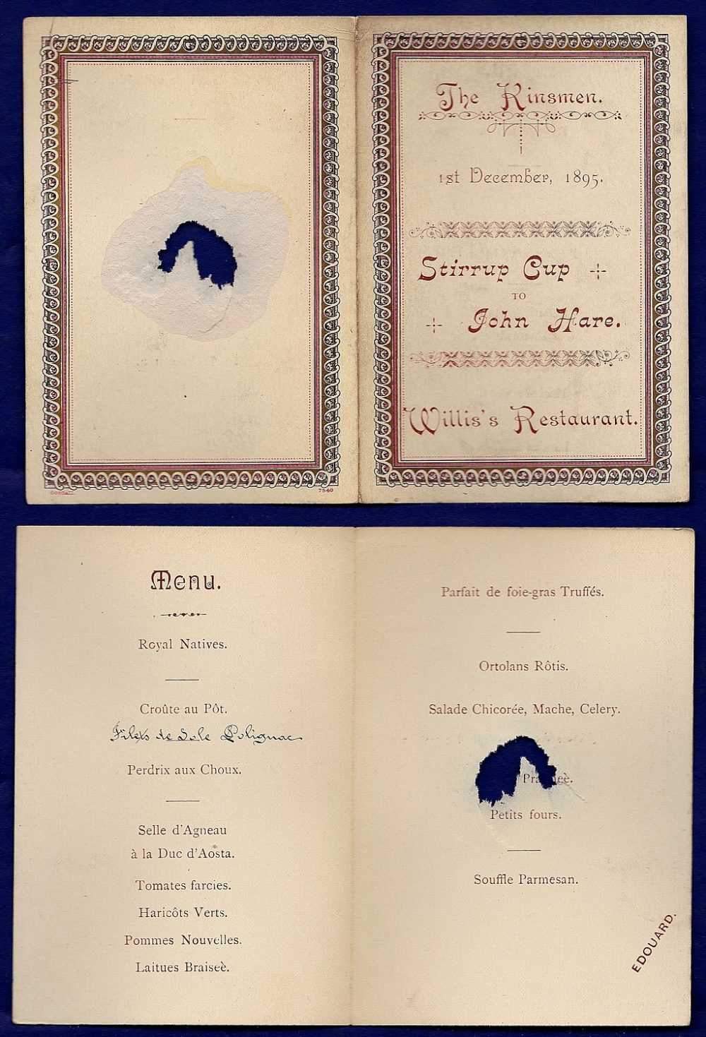 1895 (December 1st) The Kinsmen  Cup to John Hare, illustrated menu at Willis's Restaurant, St.