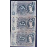 Great Britain Banknote £5 - 1967  Fforde, S19, T09 and 42C, Grade VF or better.