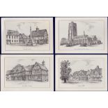 Prints (4) of line drawings  Of Market Cross Church, Guildhall and buildings in Lavenham, Suffolk (