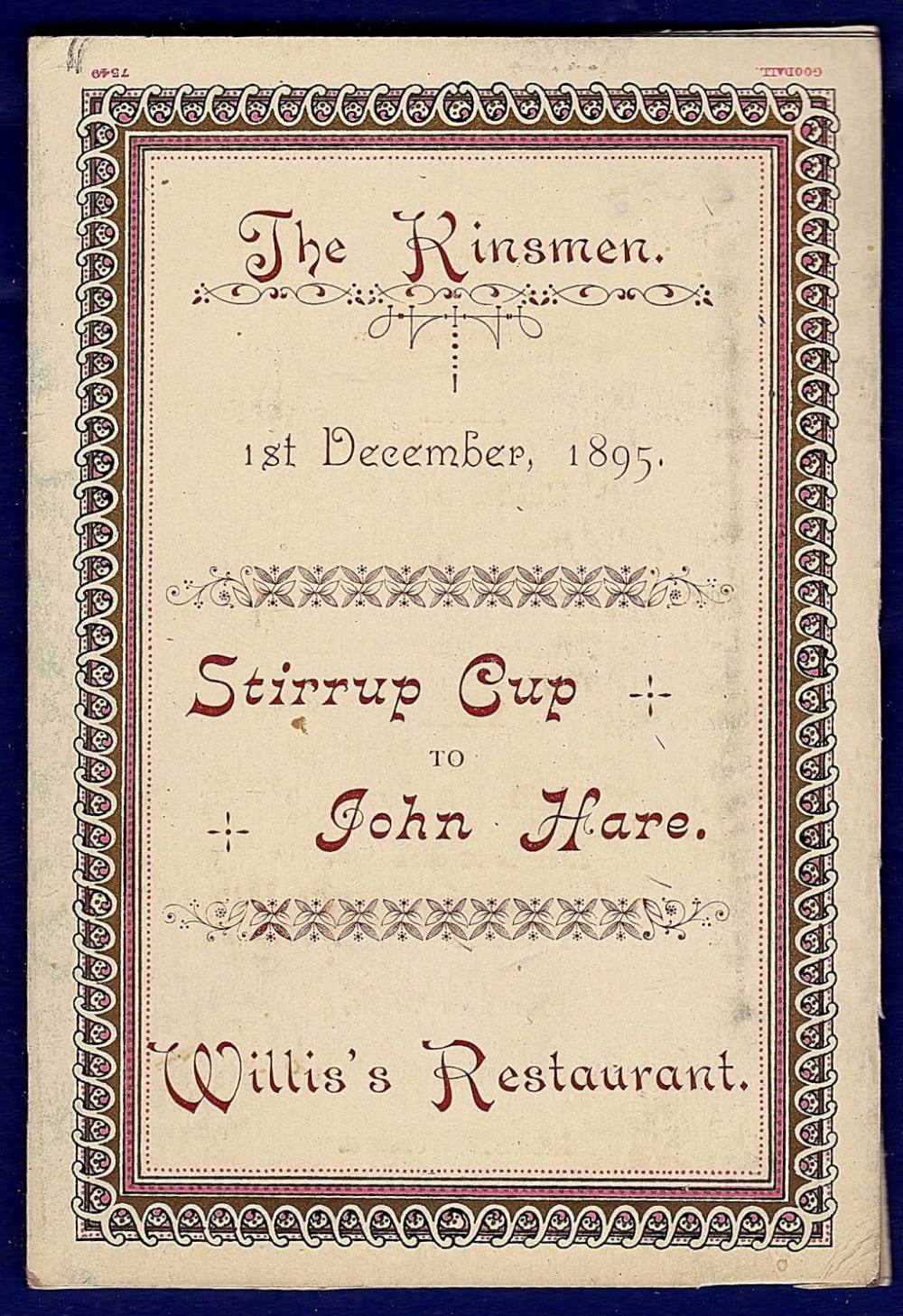 35th Royal Sussex Club - 1896 (9th July)  Menu, Willis Restaurant.