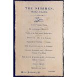 1896 (October 25th) The Kinsmen  Gilt edged menu at Willis's Restaurant, St. James, Edovard