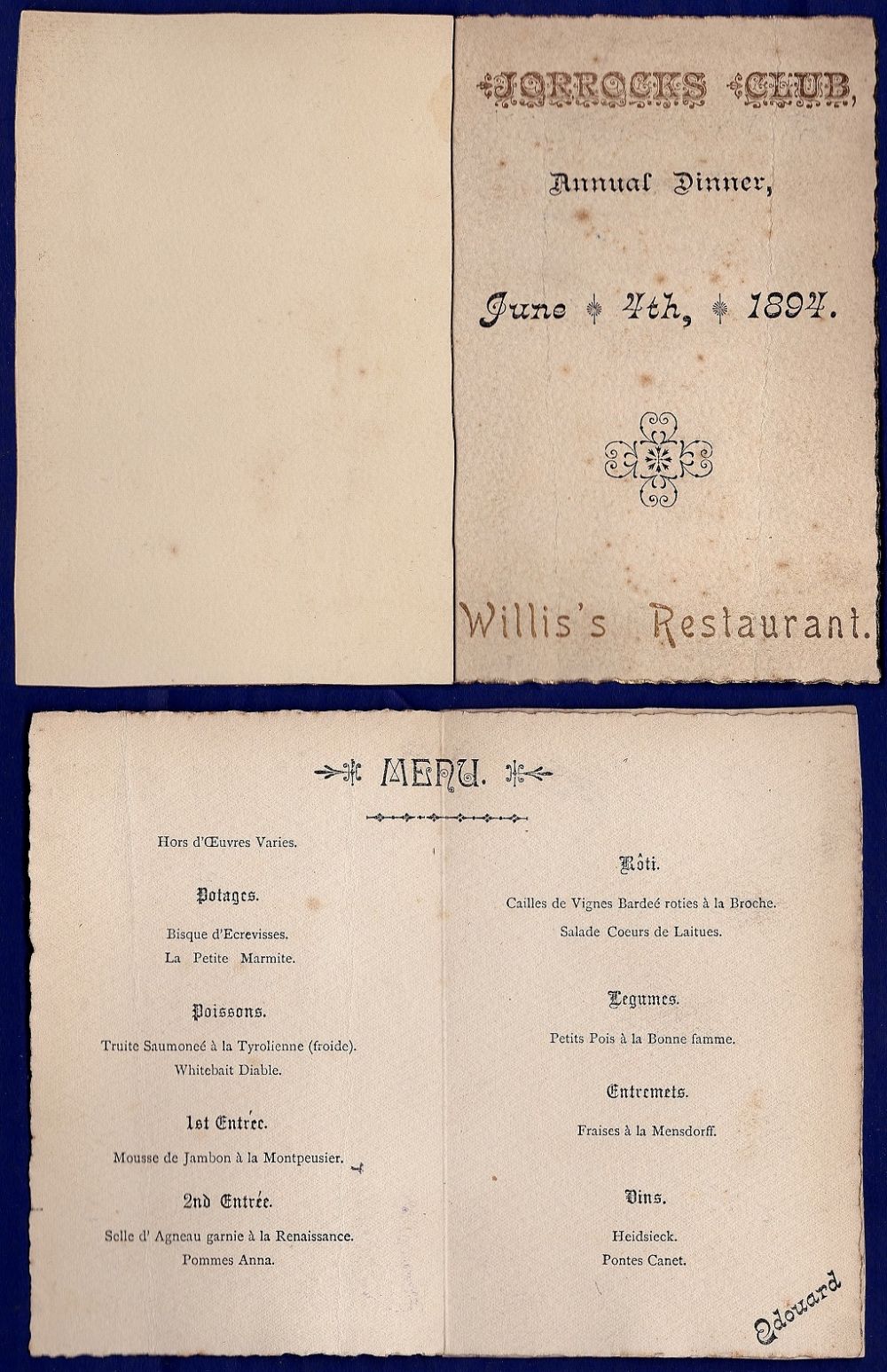 1894 (May 4th)  Illustrated gilt edged menu at Willis's Restaurant, St. James.