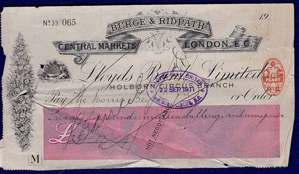 Paid Cheque on Lloyds Bank Ltd.,  Holborn Circus Branch for £25.19s.9d, 1911.  Interesting item.
