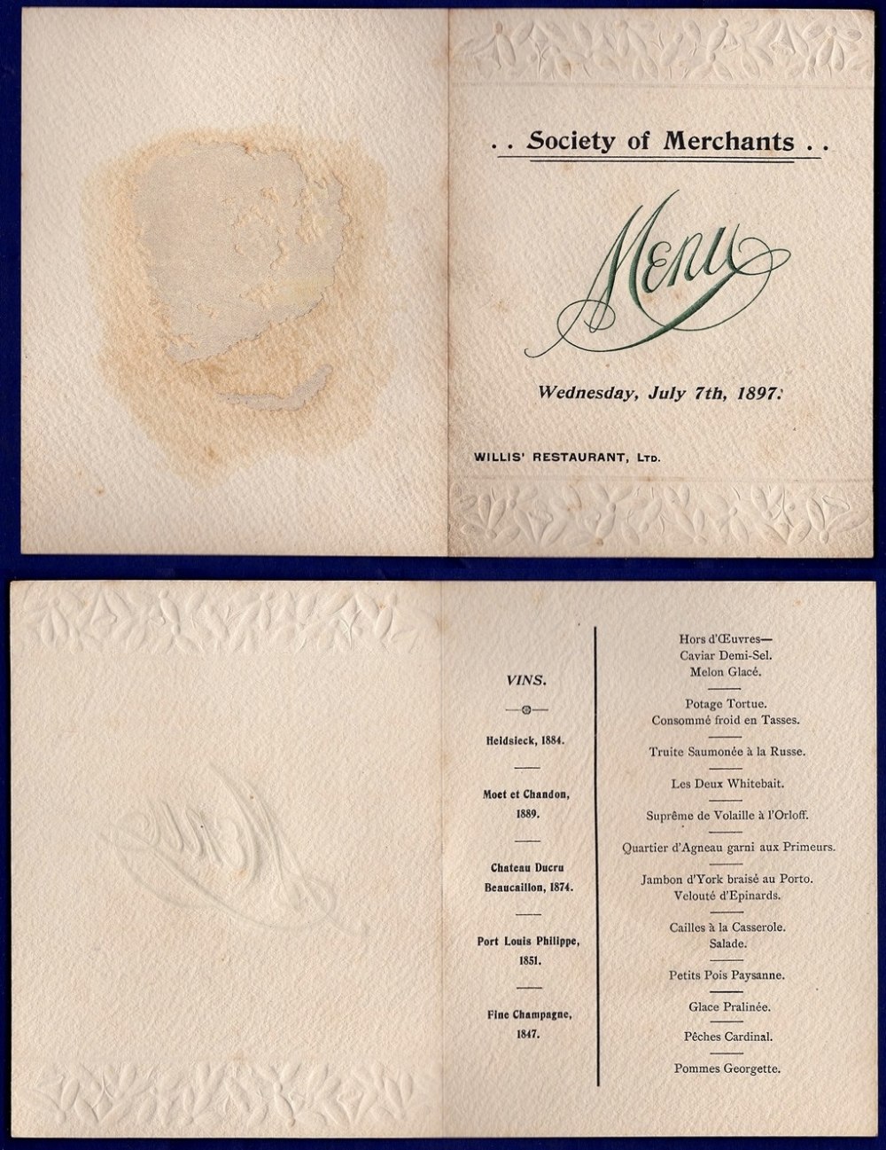 Society of Merchants - 1897 (7th July)  Menu, Willis Restaurant.