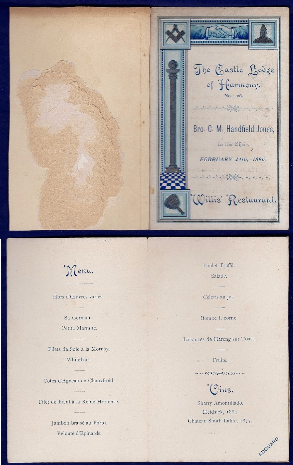 The Castle Lodge of Harmony No. 26 - 1896 (24th February)  Menu, Willis Restaurant.