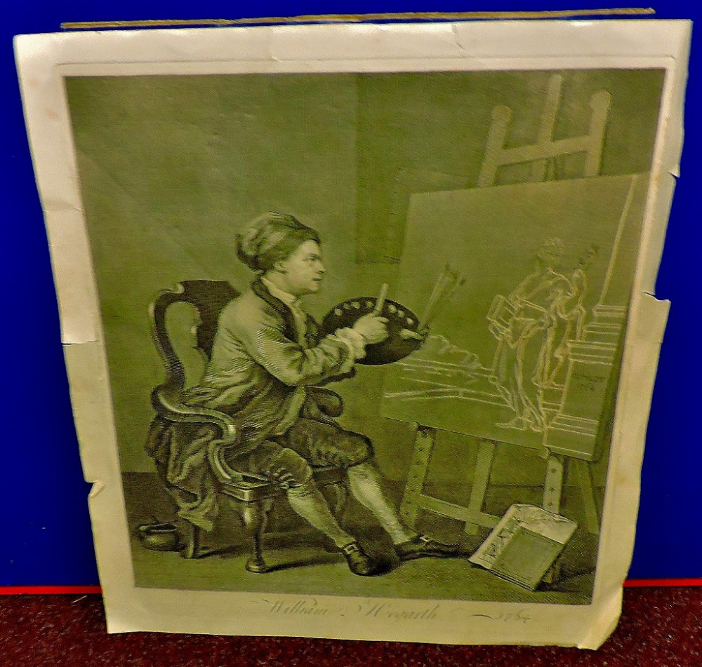 William Hogarth  Print of the artist at work.  Edges a little torn, good likeness.