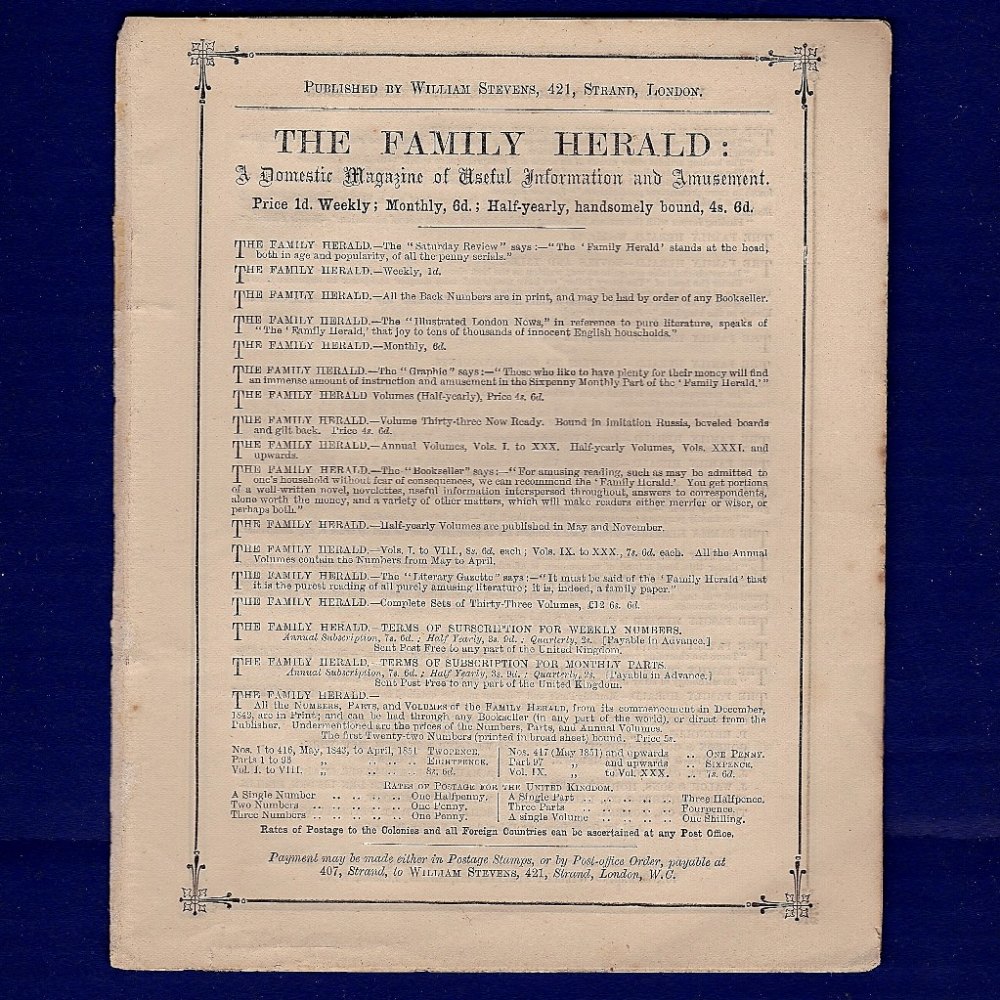 Advertisement for the Family Herald  Published by William Stevens, 421 Strand, London + a page of