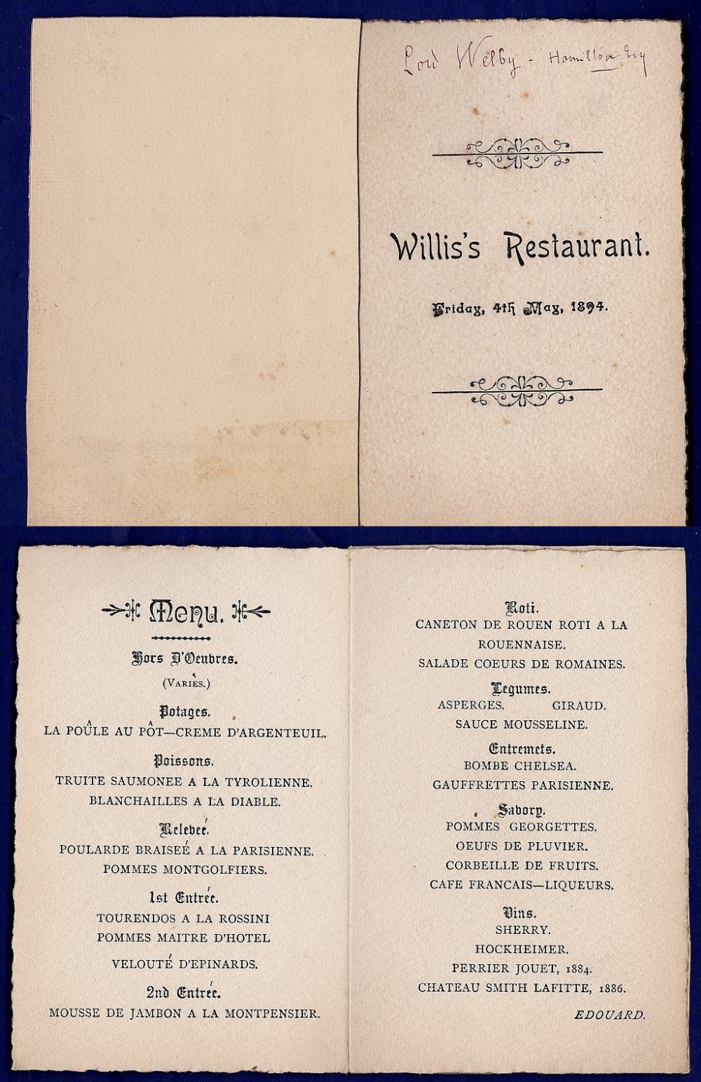 1894 (Aug 30th)  Manoeuvre Dinner menu Willis's Restaurant.