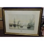 Superb Print of the English & French Fleets in the Baltic  30" x 20".  Note the steam boats (2)