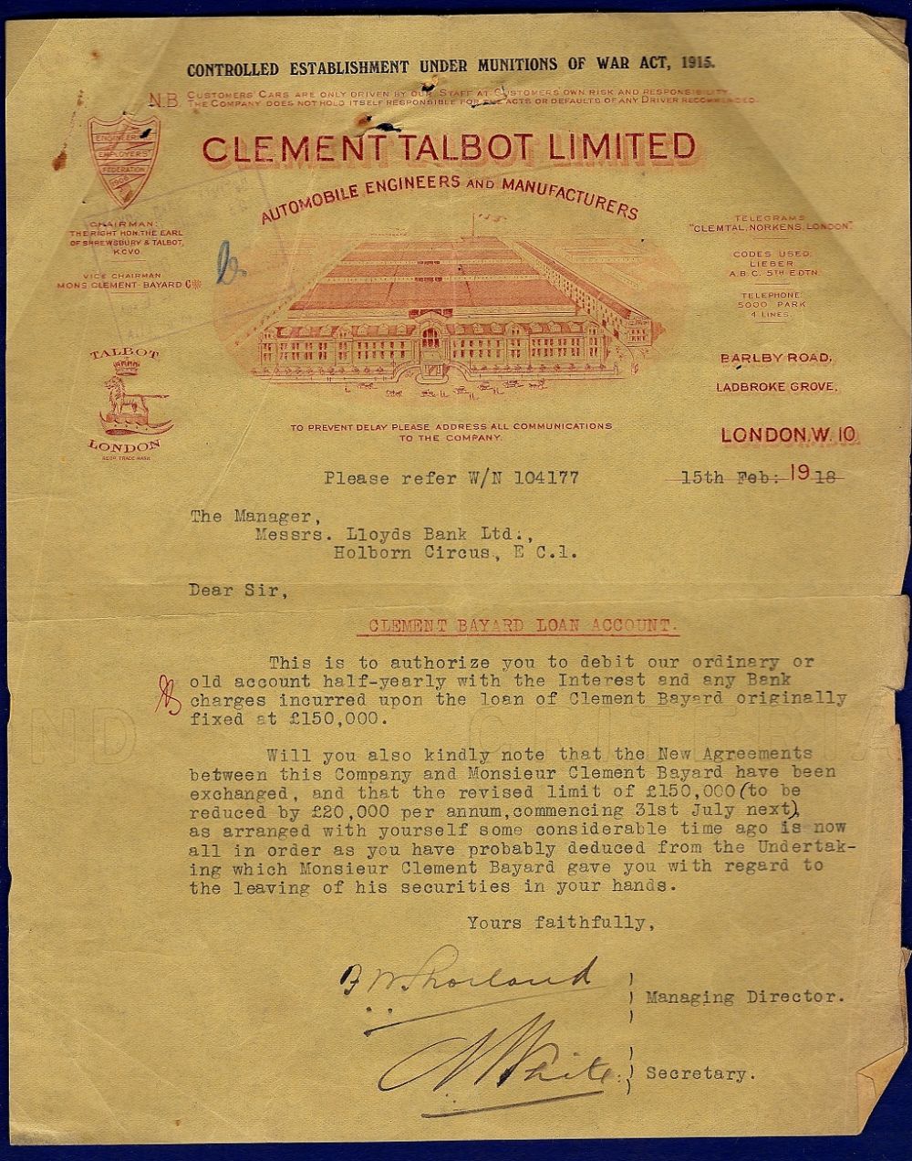 London - dated 1918 Letter to Lloyds  Authorising bank to debit specific accounts of Clement