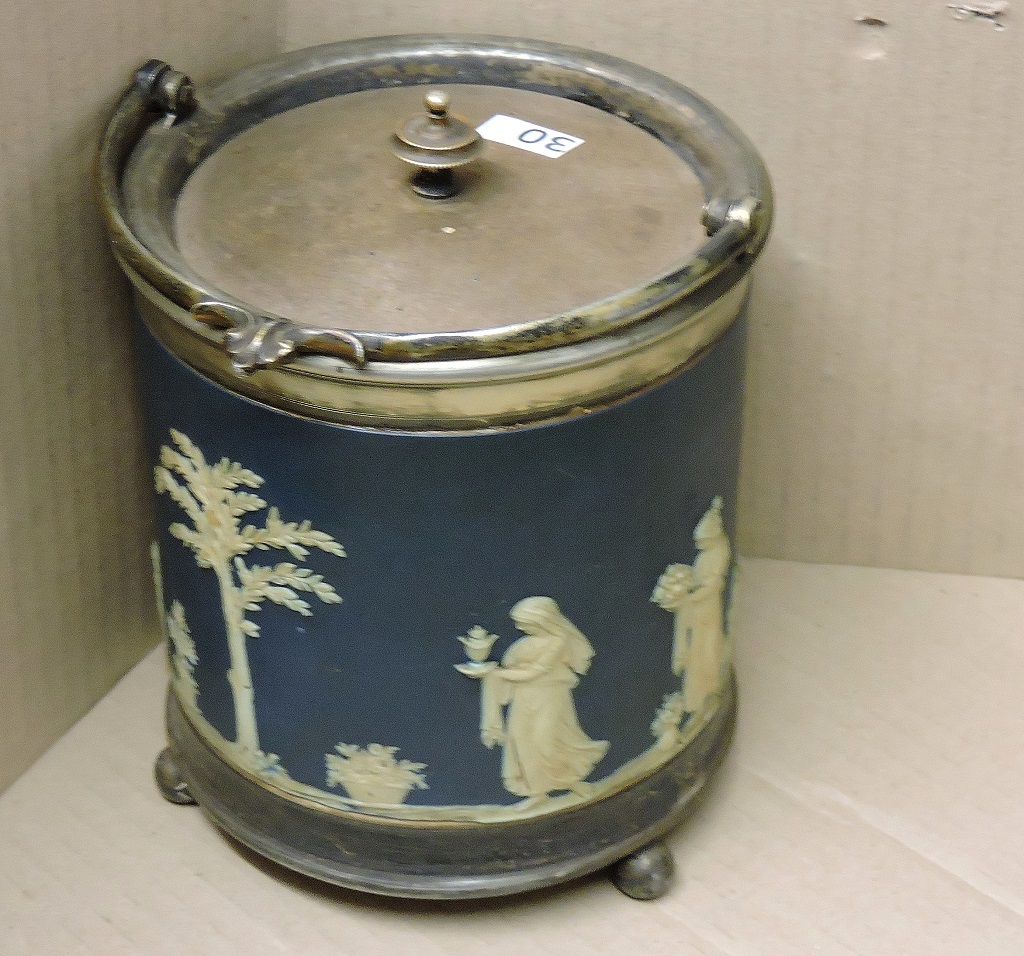 A Wedgewood tea-caddy and biscuit barrel In need of a good clean.