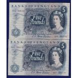 Great Britain Banknotes - 1967 £5 (2)  Fforde R53 + R67 first series, Grade GVF or better.