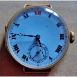 Watch - 9ct Gold cased watch 15 Jewel 1915 Swiss movement No. 711175. Roman numerals red No.12. No