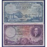 Bank of Scotland Banknotes (2)  1950 The Commercial Bank of Scotland, Grade VF; 1959 National