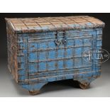 LARGE IRON BOUND WOOD IMMIGRANTS TRUNK. 2/3rd's hinged lid, carrying side handles, on wheels. A