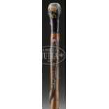 PAINT DECORATED CARVED SNAKE WALKING STICK. 19th Century American. The shaft with carved entwined