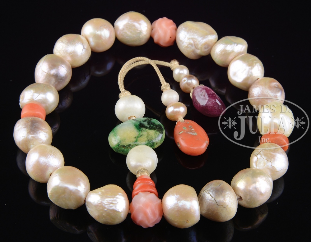 PEARL AND HARDSTONE ROSARY. 18 pearl beads with coral spacers along with attached coral, jadeite,