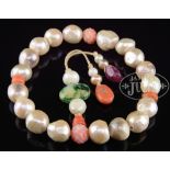 PEARL AND HARDSTONE ROSARY. 18 pearl beads with coral spacers along with attached coral, jadeite,