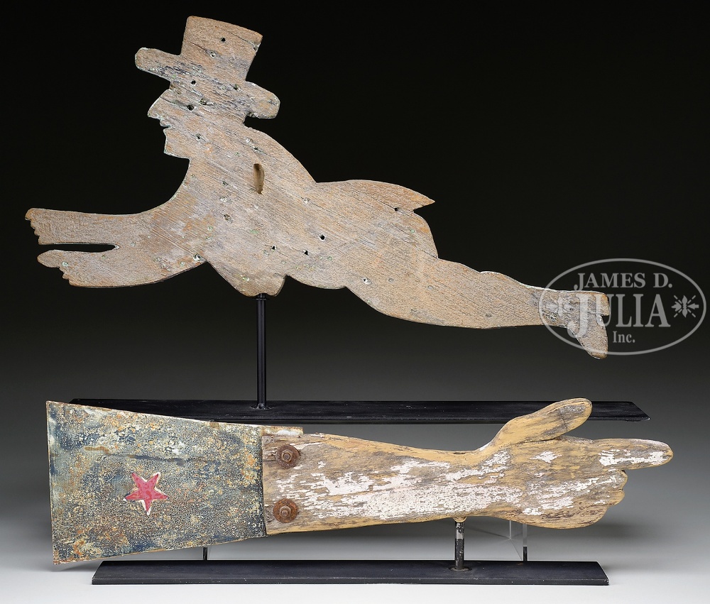 TWO CARVED WOOD ANTIQUE WEATHERVANES. 1) 24" l x 12" h, flying man weathervane, the carved - Image 2 of 2