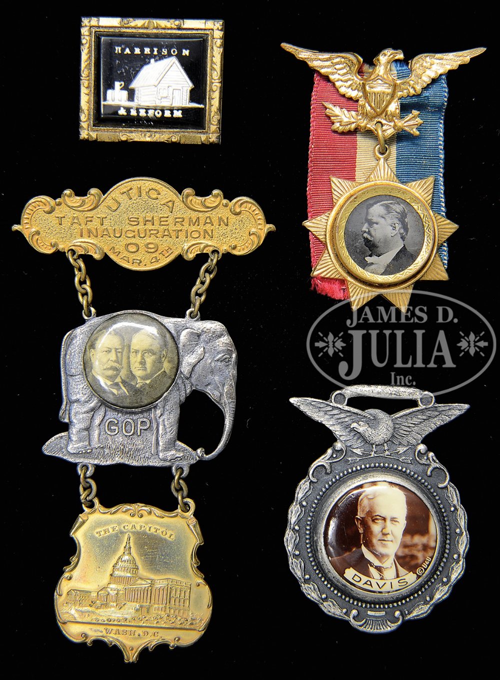 ECLECTIC GROUP OF 4 FINE PRESIDENTIAL CAMPAIGN PINS. 1) William Henry Harrison 1840 classic