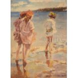 SUSAN MILLER CHASE (American, 20th century) THREE GIRLS ON A BEACH Oil on board. Unframed. Signed