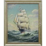 WILLIAM FREDERICK PASKELL (American, 1866-1951) ONCOMING TALL SHIP Oil on board. Housed in a