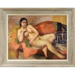 BERNARD KARFIOL (American, 1886-1952) "NUDE ON RED COUCH" Oil on canvas. Housed in its original wide