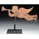 EARLY HAND WROUGHT SHEET STEEL GABRIEL WEATHERVANE. Nice form with the angel flying blowing trumpet.