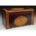 FEDERAL STYLE MAHOGANY INLAID TEA CADDY. Beautifully veneered with fans and shell oval inlays, light