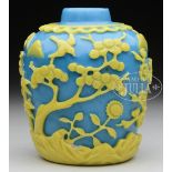 CAMEO CARVED PEKING GLASS JAR. 18th/19th century, China. Yellow to deep turquoise. Decoration of the