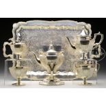 OUTSTANDING 5 PIECE STERLING SILVER TEA SET BY ROGER WILLIAMS SILVER COMPANY WITH SILVER PLATED