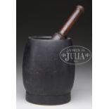 RARE BLACK PAINTED MORTAR AND PESTLE. Circa 1820 New England. This fine maple mortar example of