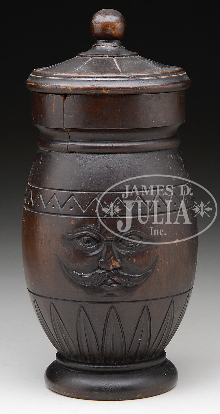 RARE CARVED PINE TOBACCO JAR WITH LID. 2nd Quarter 19th Century American. The lathe turned urn