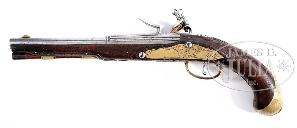 FINE ITALIAN FLINTLOCK OFFICER'S PISTOL. This fine pistol with carved moldings and engraved brass - Image 2 of 2