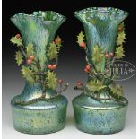 UNUSUAL PAIR OF LUSTER VASES WITH HOLLY METAL MOUNTS. Late 19th Century Continental. Each green