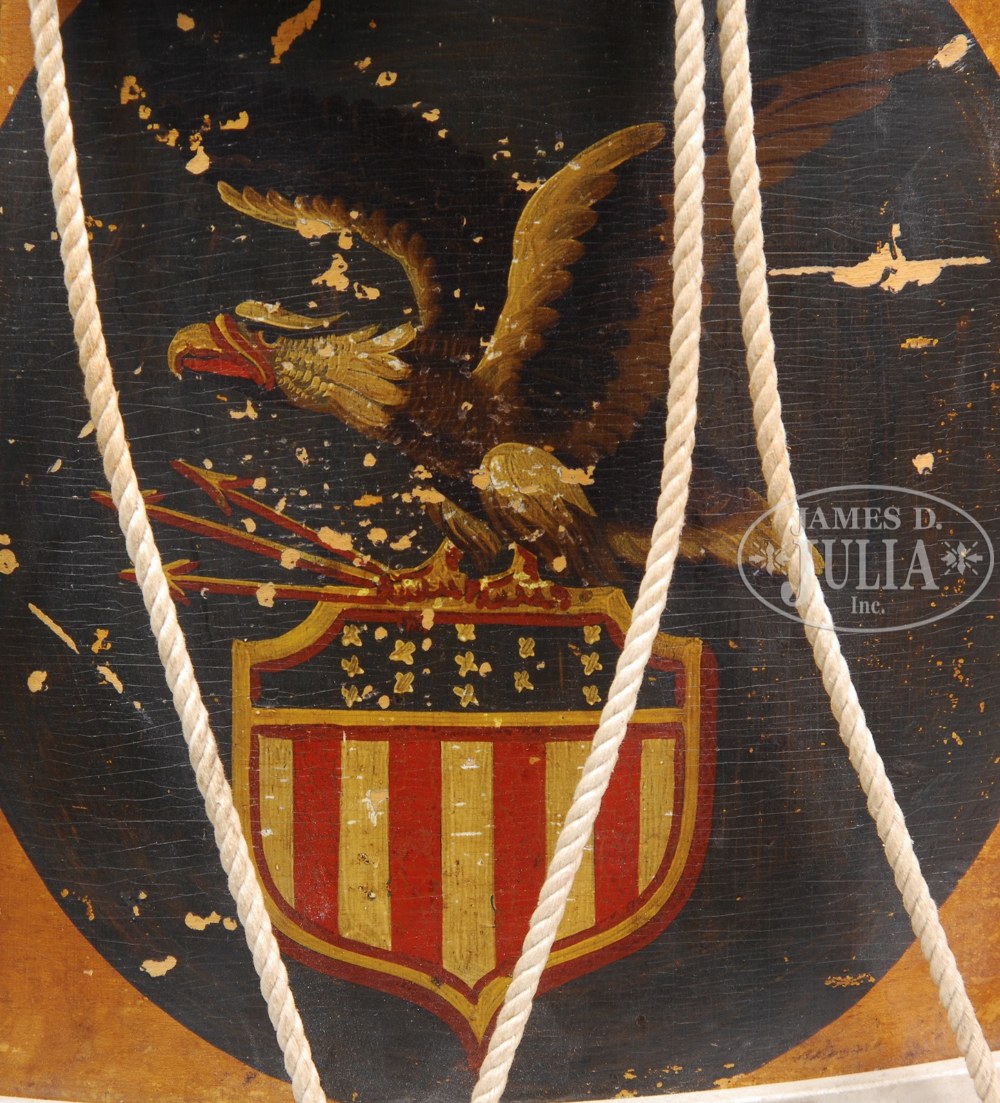 ORIGINAL CIVIL WAR MILITARY DRUM. This mid-19th century drum with a painted device. Approximately 9” - Image 2 of 2