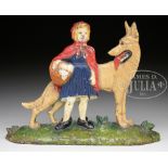 EXCELLENT RED RIDING HOOD AND WOLF DOORSTOP. Circa 1920, Nuydea Foundry, England. Cast iron