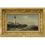 GEORGE M HATHAWAY (American, 1852-1903) PORTLAND LIGHTHOUSE Oil on artist board. Housed in its