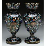 FINE PAIR OF MOSER URNS. Late 19th Century Central Europe. Each black vase enamel decorated with