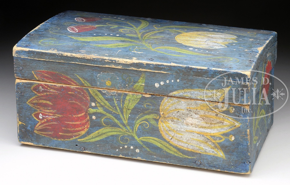 FINE FOLK ART TULIP DECORATED DOMETOP BOX. Circa 1820 Pennsylvania. The rectangular box of naive