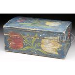 FINE FOLK ART TULIP DECORATED DOMETOP BOX. Circa 1820 Pennsylvania. The rectangular box of naive