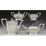 FINE EARLY 1900'S FOUR PIECE MARKED STERLING SILVER ENGRAVED TEA AND COFFEE SERVICE BY DURGIN.