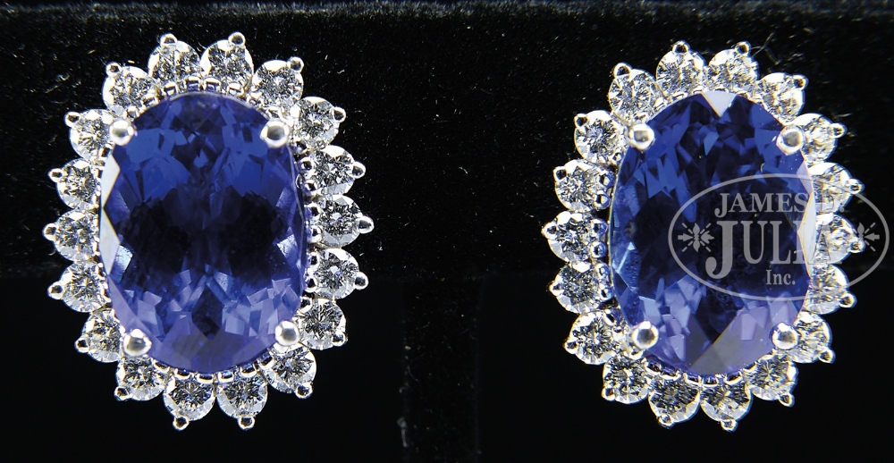 FINE PAIR OF TANZANITE, DIAMOND AND PLATINUM PIERCED EARRINGS. The earrings marked "PT950", each