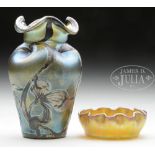 TIFFANY RUFFLED EDGE FAVRILE NUT DISH AND A SILVER OVERLAY LOETZ VASE. The 2-3/4" dia. dish in