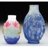 LOT OF TWO CAMEO CARVED PEKING GLASS SNUFF BOTTLES. 18th/19th century, China. One with four colors