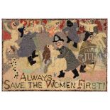 FOLK ART HOOK RUG "ALWAYS SAVE THE WOMEN FIRST". This fabulous hooked rug shows firemen saving women