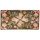 CUT WOOL HEART IN HAND HOOKED RUG. Maine, 1888. A folky and pleasing cut wool hooked rug on burlap
