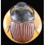 TWO FINE A. WALTER SCARAB PATE DE VERRE PAPERWEIGHTS. 1) Single scarab in black and brown rests atop