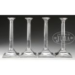 FINE SET OF FOUR ENGLISH TALL CANDLESTICKS. Hallmarked London 1768/9 makers mark IS over IV (Jas.