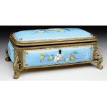 DECORATED BLUE JEWELRY BOX WITH OVERLAY MOUNTS. Late 19th Century France. The rectangular hinged lid